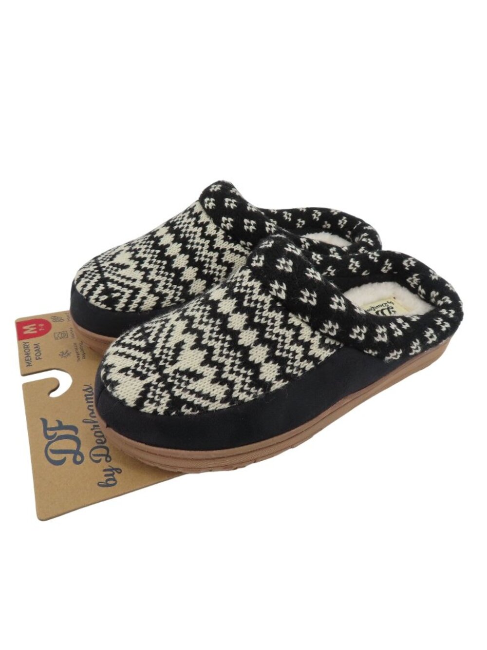 Dearfoams Medium 7-8 Black Cream Knit Memory Foam Indoor Outdoor Slippers NEW